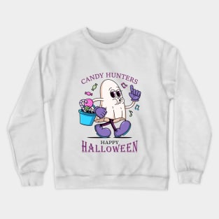 Happy Halloween, Cartoon illustration of a white cloth ghost carrying a tub of candy Crewneck Sweatshirt